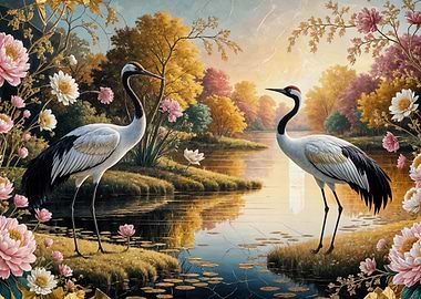 Elegant Cranes in Floral Landscape Painting