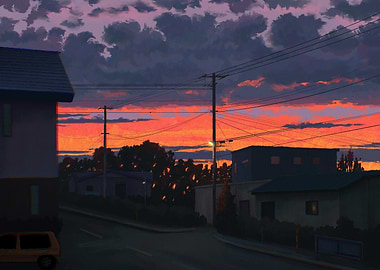 Sunset over Suburban Street