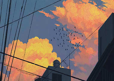 Sunset Clouds and Birds Over City