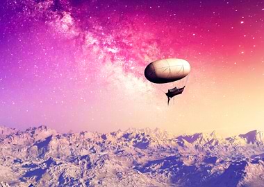 Airship over alien landscape with nebula