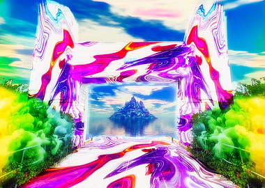 Surreal Island Gateway with Swirling Colors