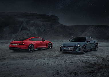 Two Audi e-tron GT Cars at Night