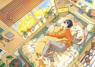 Cozy Autumn Day with Dog and Cat