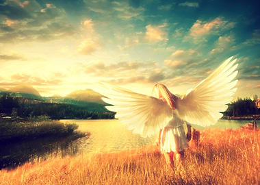 Angel in Golden Field at Sunset