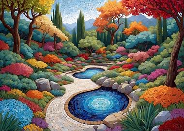 Colorful Garden with Mosaic Pools