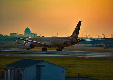 Etihad Airways Boeing 787 on runway at sunset