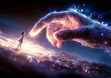 Cosmic Touch: Girl and Celestial Hand