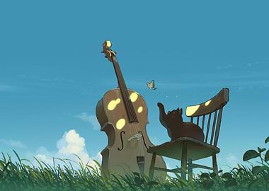 Cat, Cello, and Butterfly in Meadow