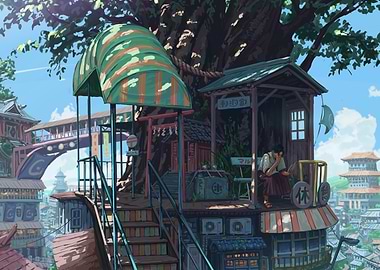 Japanese Town Under a Giant Tree