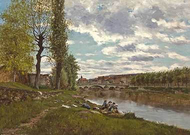 Riverbank Scene with Women Washing Clothes