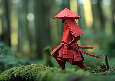 Red Origami Samurai in Forest