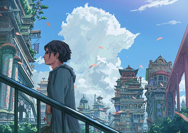 Anime-style cityscape with a male character