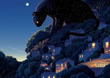 Giant Cat Overlooking Village at Night