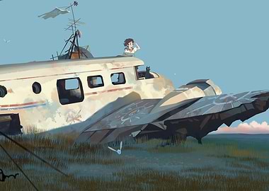 Abandoned Airplane with Girl and Cat
