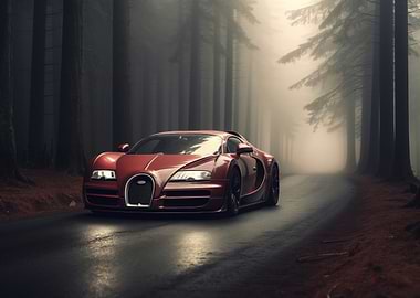 Red Bugatti on Forest road