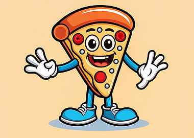 Happy Pizza Slice Mascot with Blue Sneakers — Cartoon Food Character Waving