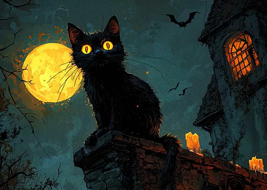 Halloween Night: Black Cat and Haunted House
