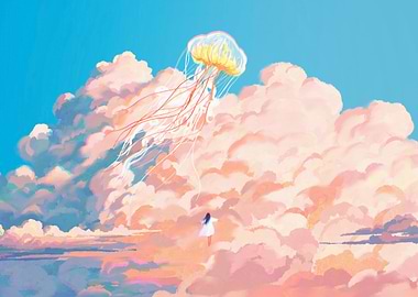 Girl with Jellyfish in Cloudy Sky