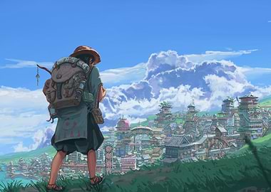 Anime Traveler Overlooking Fantasy Cityscape