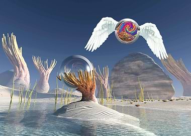 Surreal Landscape with Spheres and Wings