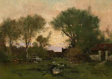 Rural Landscape Painting with Farmhouse