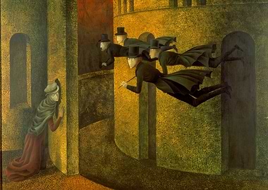 Surreal painting of flying men and woman