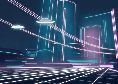 Neon Cityscape with Flying Saucers