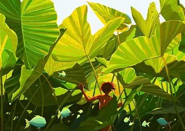 Woman in Lush Greenery with Fish