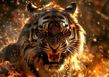 Roaring Tiger in Fiery Environment