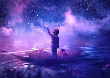 Dreamy Night: Child and Dog on Boat