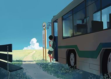 Boy boarding bus at rural stop