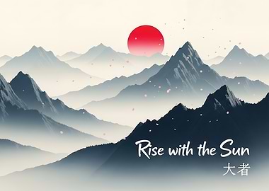 Misty Mountains Under Red Sun with Floating Petals – English & Japanese Inspirational Art