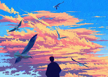 Man watching seagulls at sunset