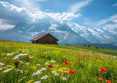 Alpine Meadow with Cabin and Mountains