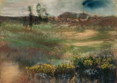 Impressionistic Landscape with Yellow Flowers,Edgar Degas