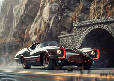 Sleek Black Sports Car in Mountain Tunnel