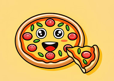 Smiling Pepperoni Pizza Cartoon with Slice on Yellow Background