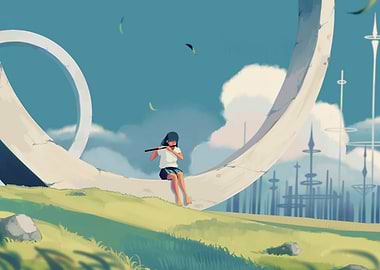 Girl playing flute on futuristic structure