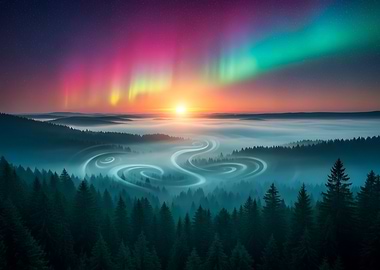 Aurora Borealis Over Misty Evergreen Forest and Winding River Stream