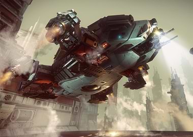 Futuristic Spaceship Flying Over Cityscape