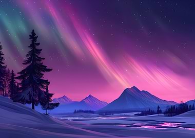 Aurora Borealis over Snowy Mountains
