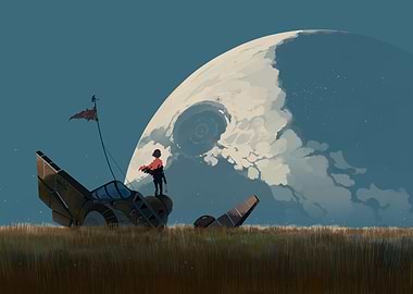 Lone Figure on Wrecked Spaceship