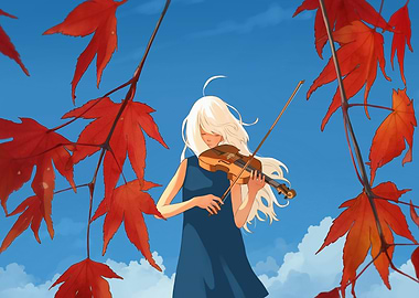 Girl playing violin under autumn leaves