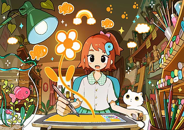 Digital Artist at Work with Cat