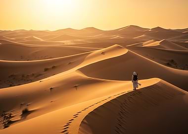 Footprints Across Orange Desert Dunes Under Pale Sky