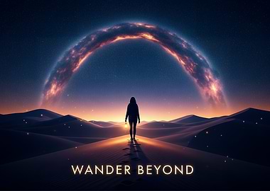 Wander Beyond – Woman on Sand Dune Under Cosmic Archway with Lantern