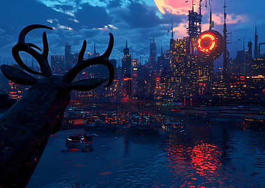 Cyberpunk Cityscape with Deer Statue at Dawn