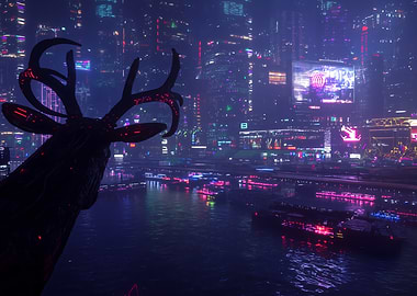 Cyberpunk Cityscape with Deer Statue