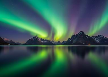 Aurora Borealis Over Mountains Reflected in Still Lake Night Sky