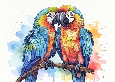 Watercolor Macaws on Branch
